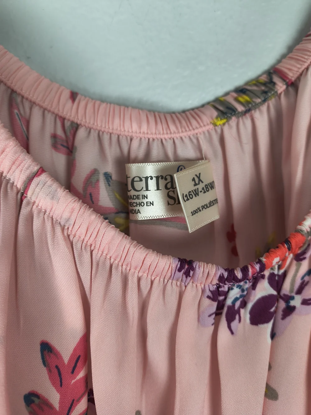 Terra & Sky Top Women's 1X Pink Purple On Off Shoulder Peasant Floral Ruffle